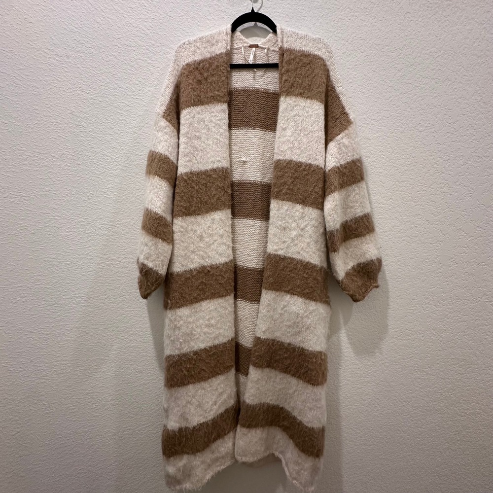 Free People Striped Duster Cardigan Oversized Long Knit Sweater Tan Cream XS/S